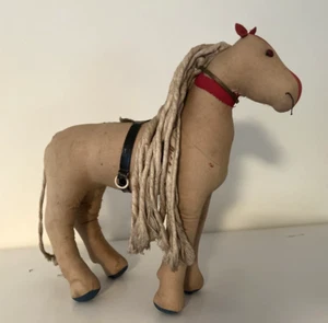 Antique Folk Art Stuffed Toy Animal Horse Jeweled Eyes Twisted String Mane Tail - Picture 1 of 4