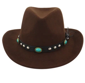 Brown Western Cowboy, Cowgirl Hat, Turquoise Strap, Men Women Retro Wide Brim - Picture 1 of 3