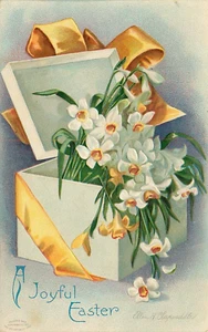 Ostern Postkarte Ellen Clapsaddle signiert Narzissen Schachtel Fliege IAPC - Bild 1 von 2