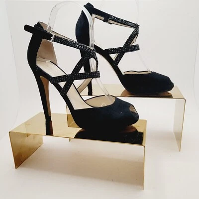 Nine West Peep Toe 4.5" Tacones Negro Gamuza Estrás Correas Tal vez Talla 7.5m Foto 1 de 4