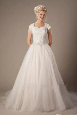 Modesto Vestido de Novia Mangas de Gorra Línea A Encaje Tul Apliques Vestido de Novia 2 4 6 8+ Foto 1 de 4