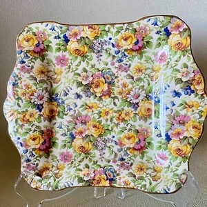Royal Winton "Bedale" Chintz Plate Dish 8"X6.5" Square Yellow Flowers Gold Trim - Picture 1 of 7