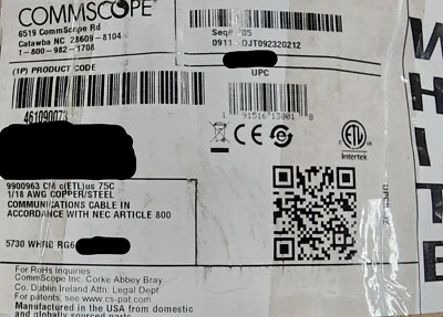 Cable coaxial de video satelital Commscope 5730 RG6 3 GHz CCS RG-6 blanco/100 pies Foto 1 de 4