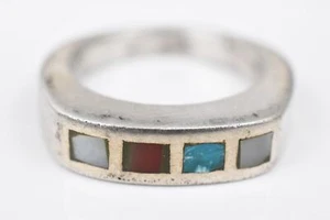 Sterling Inlaid Heavy Band Mother of Pearl, Turquoise, Oxblood Coral Ring Size 7 - Picture 1 of 10