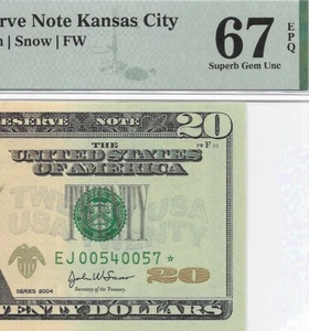 2004 $20 KANSAS CITY *STAR* ⭐️ FRN PMG SUPERB GEM Uncirculated 67 EPQ Banknote - Picture 1 of 3