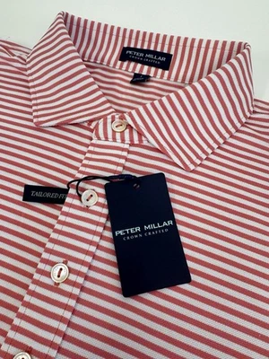 NWT Peter Millar Mood Striped Performance Mesh Golf Polo Shirt Red  LARGE $110 - Image 1 of 4