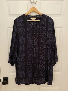 Camicetta tunica kimono Louben vintage anni 80 nera viola floreale spalline XL  - Foto 1 di 6