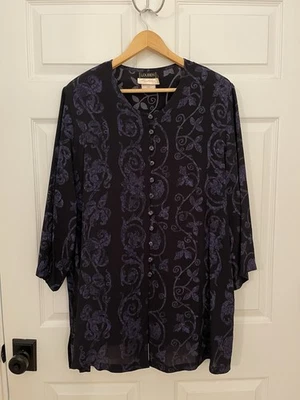 Camicetta tunica kimono Louben vintage anni 80 nera viola floreale spalline XL  - Immagine 1 di 4