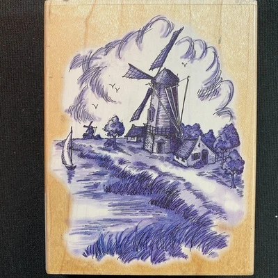 Sello de goma grande de paisaje de molino de viento holandés de 4 x 5 pulgadas de Stampendous Foto 1 de 4