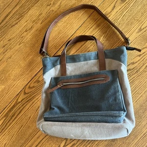 Mona B Tote Msngr Bag Canvas Vegan Leather 15x13x5 Khaki &Steel Gray RFID Zip - Picture 1 of 14