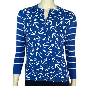 ^Crown & Ivy Sz S Cotton Knit Cardigan Nautical Anchor & Stripe Print Blue White - Picture 1 of 6
