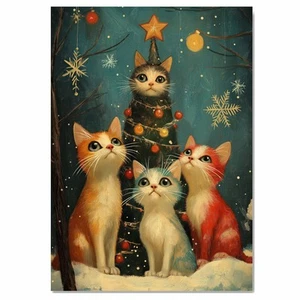 Christmas Cats Festive Around Snowy Tree Flat Rolled, Framed or Wrapped Canvas - Picture 1 of 19