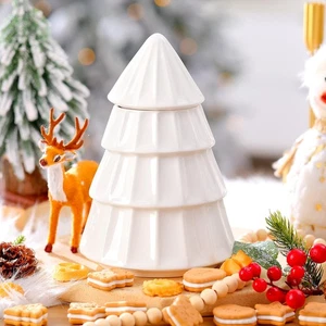 Ceramic Christmas Cookie Jar 10 x 7 Inch Neutral Christmas Tree Ceramic Cooki... - Picture 1 of 8