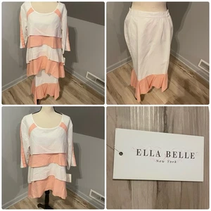 Conjunto de falda midi túnica de lino Ella Belle talla mediana blanca rosa forrada boutique - Imagen 1 de 15