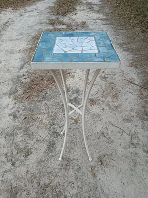 Pier 1 Imports Wrought Iron Mosaic Tile Pedestal Plant Stand Outdoor Side Table - Image 1 of 4