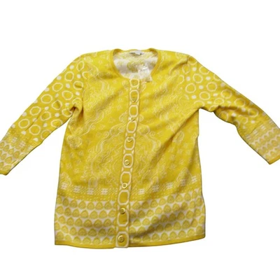 Cárdigan Suéter Isaac Mizrahi Live Amarillo Blanco Estampado Paisley Botón Mujer Med Foto 1 de 4