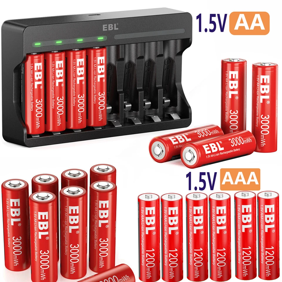 EBL 1,5V wiederaufladbare AA AAA Lithium Li Ionen Batterien /Akkus ladegerät DE - Bild 1 von 4
