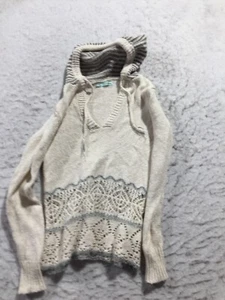 Maurices Hooded Sweater Womens M Ivory Long Sleeve Hood Drawstring Crochet - Picture 1 of 8
