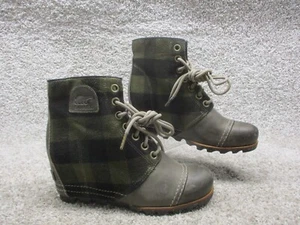Sorel Wedge Heel Boots Womens 8.5 Green Black Buffalo Check Plaid Lace Up Bootie - Picture 1 of 11
