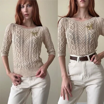 Suéter De Colección Neiman Marcus Mujer Beige Lino Tejido con Cable Costero Preppy Carrera S Foto 1 de 4