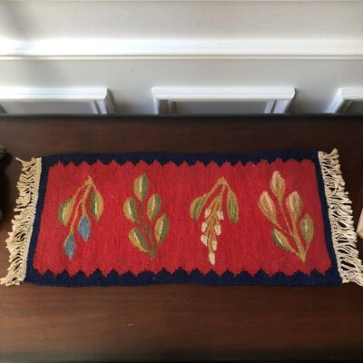 Woven Wool 17 x 8  Leaves/Plants Wall Hanging/ Table Runner  ~ Vibrant red/blue - Image 1 of 4
