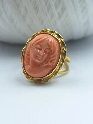 Anello Cameo vero corallo Antico Rosa Di Sardegna Argento 925 Oro Giallo Cammeo - Immagine 1 di 4