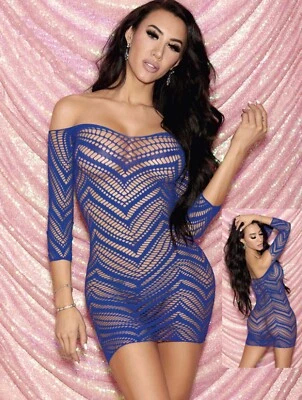 Vestido corto para mujer con estampado de chevron fuera del hombro azul real quimise Foto 1 de 4