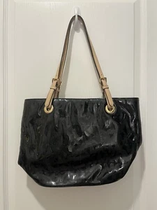 Michael Kors Signature Black Patent Leather Monogram Jet Set Shoulder Bag Tote - Picture 1 of 11