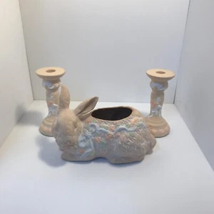 VTG 1988 Easter Bunny Rabbit Floral Ribbon Planter and Candlesticks CBK READ - Picture 1 of 22