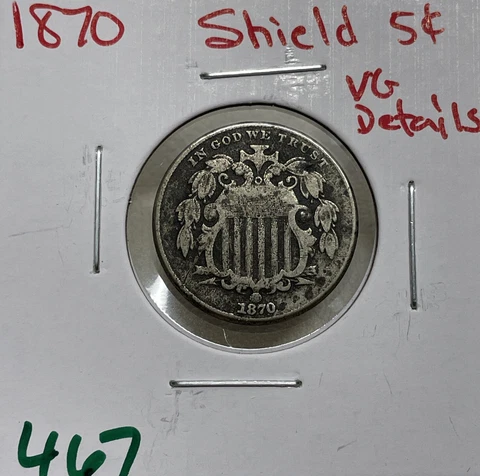 1870 Shield Nickel 5c - Old US Type Coin VG Very Good Details Cover