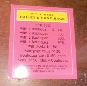 Vtg Monopoly Barbie Boutique Ed. 2007 Replacement Pc Hailey’s Hand Bags Card - Picture 1 of 4