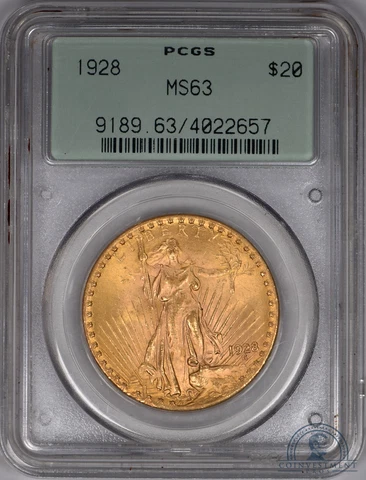 1928 Saint Gaudens $20 Double Eagle Gold PCGS MS63 Gen 2.2 Holder Cover