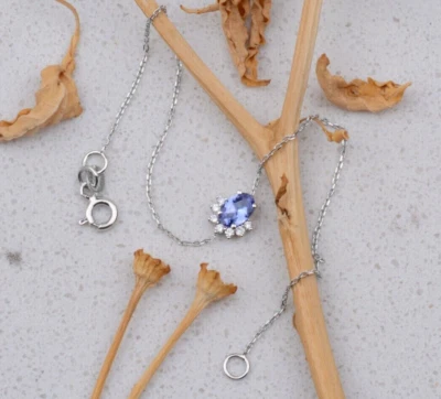 Oval Tanzanite & Simulated Diamond Charm Chain Bracelet 925 Sterling Silver - Image 1 of 3