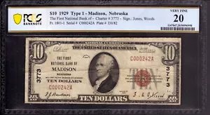 1929 $10 FIRST NATIONAL BANK NOTE CURRENCY MADISON NEBRASKA PCGS B VF 20 - Picture 1 of 3