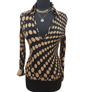 Le Caviar Top Vintage 90s Sheer Boho Pleated Grunge Goth Polka Dot Plunge Neck M - Picture 1 of 24