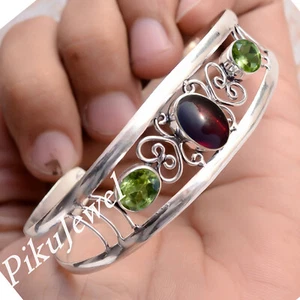 Garnet With Peridot Cut Gemstone 925 Sterling Silver Cuff Bangle Gift For Friend - Picture 1 of 6
