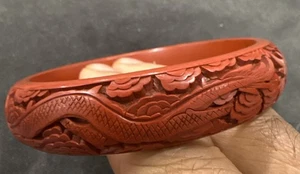 Vintage Chinese Red real Cinnabar Bangle Bracelet Carved Dragon  beautiful!! - Picture 1 of 5