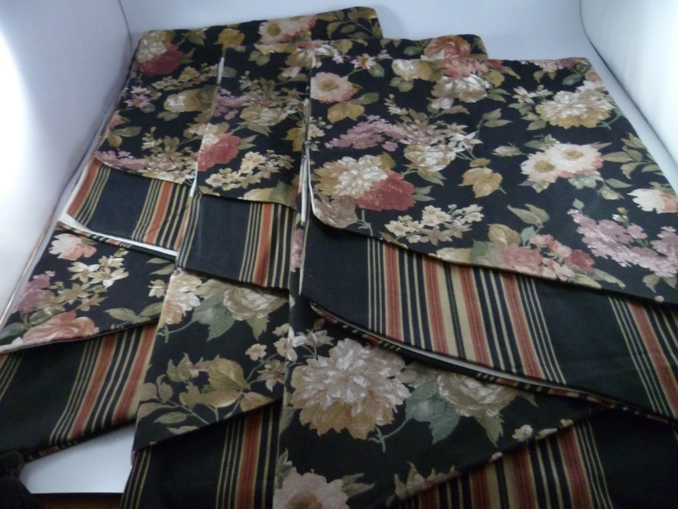 2 Cenefas WAVERLY Negro Floral Rayas Doble Vieira Borla 51x23" Algodón Foto 1 de 4