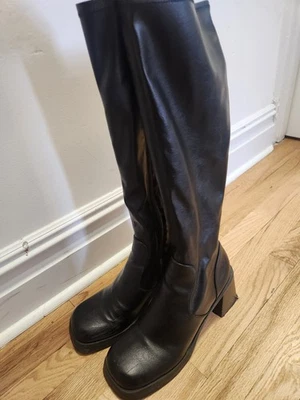 ASOS Knee High Chunky Platform Heel Boots Black Leather  Size 13 - Image 1 of 4