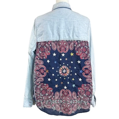 Free People Western Bohemian Embroidered Bandana Stars Chambray Shirt Large - Image 1 of 4