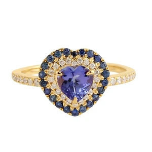 Hear Shape Wedding Ring For Women In Tanzanite Sapphire Diamond Yellow 14k Gold - Picture 1 of 6
