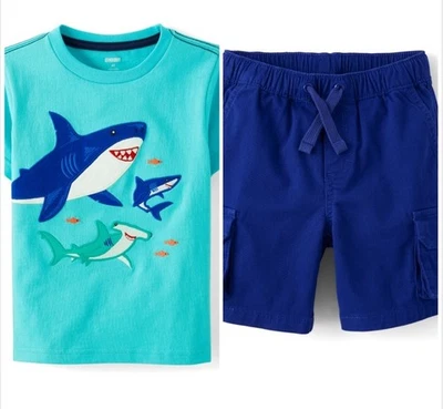 Gymboree Boys Size 7 Shark T-shirt Blue Cargo Shorts New - Image 1 of 4