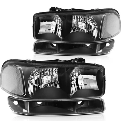 For GMC Sierra 1999-2007 Front Headlights Assembly Pair Black Housing Headlamps - Image 1 of 4