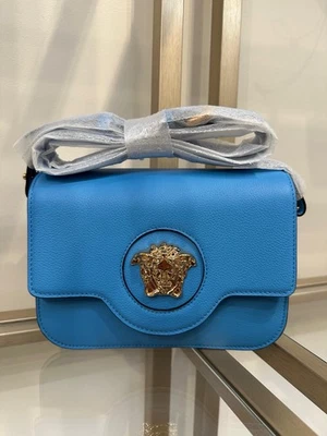 Versace La Medusa Calf Skin  Blue Pebbled Leather Crossbody Bag New $1625 NWT - Image 1 of 4