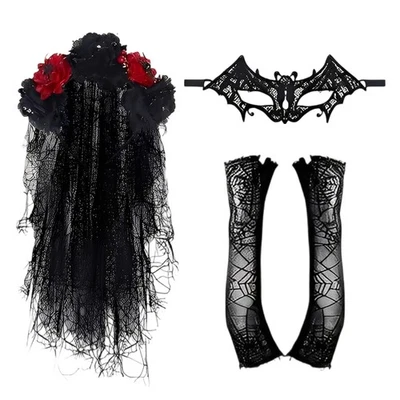 3 шт. Женский День Мертвых Костюм Череп Перчатки Мертвый Цветок Вуаль Кружевная Маска - Изображение 1 из 4