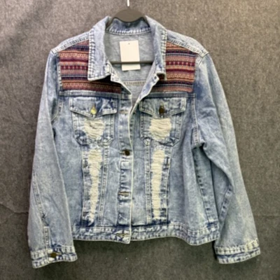 Chaqueta vaquera XL para mujer lavado claro desgastado estampado azteca Foto 1 de 4