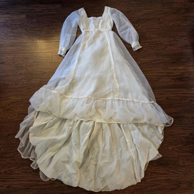 Vestido de novia vintage marfil encaje cintura imperio boho cabaña pradera años 70 pequeño Foto 1 de 4