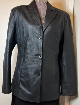 Chaqueta de Cuero CLIO Cuero Negro Cuello Botones Bolsillos Forrados Talla 10 Foto 1 de 4