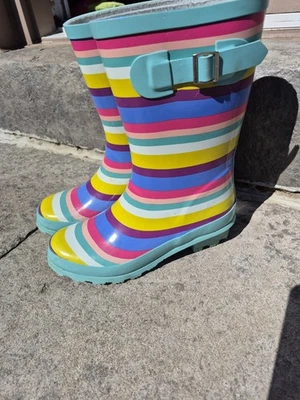 Girls Rain Boots Rainbow stripe youth size 3 George EUC - Image 1 of 4