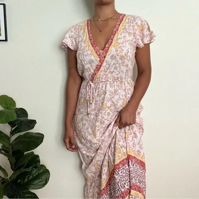 Maxi Vestido Bebop Floral Mediano Rosa Amarillo Volantes Suave Femenino Pradera Coqueta Foto 1 de 4